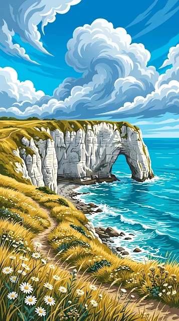 Stunning Illustration of White Coastal Cliffs with Natural Rock Arch - Free 4K & 8K mobile Wallpaper