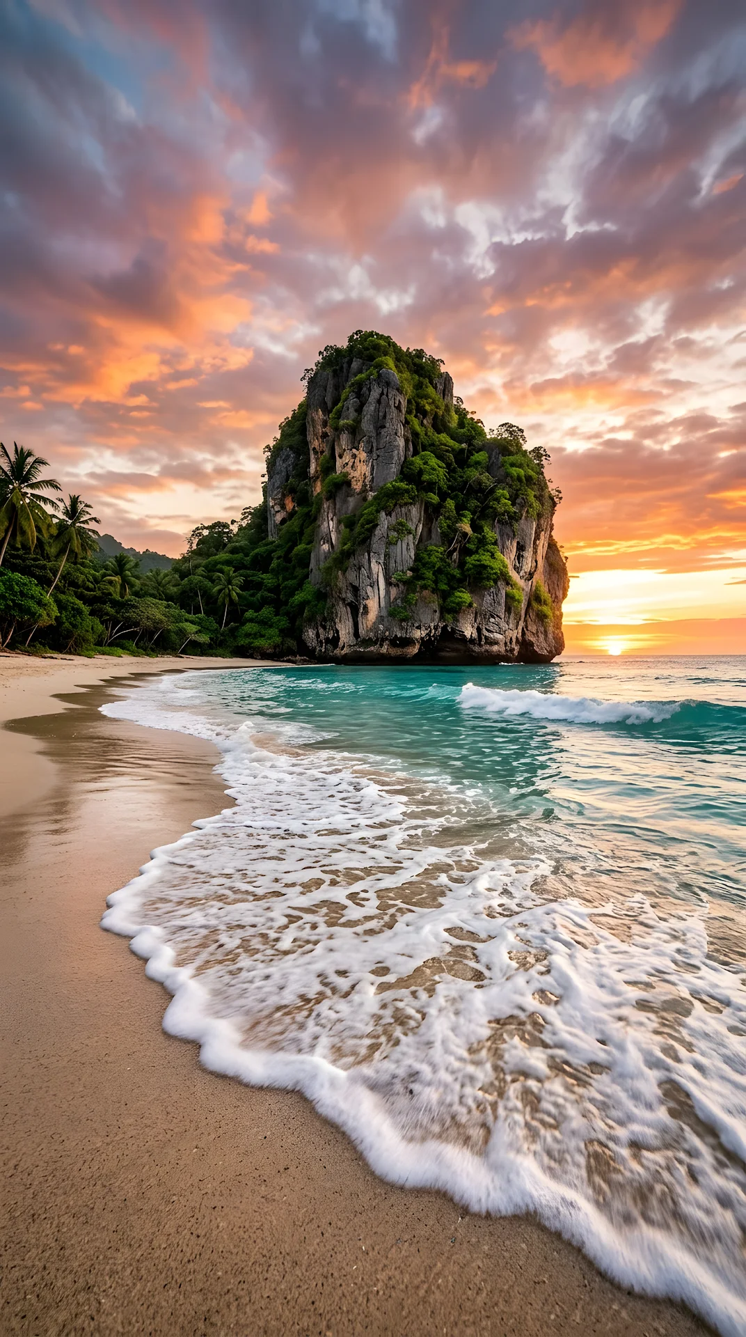 Stunning Tropical Beach with Limestone Karst Island at Golden Hour - Free 4K mobile Wallpaper