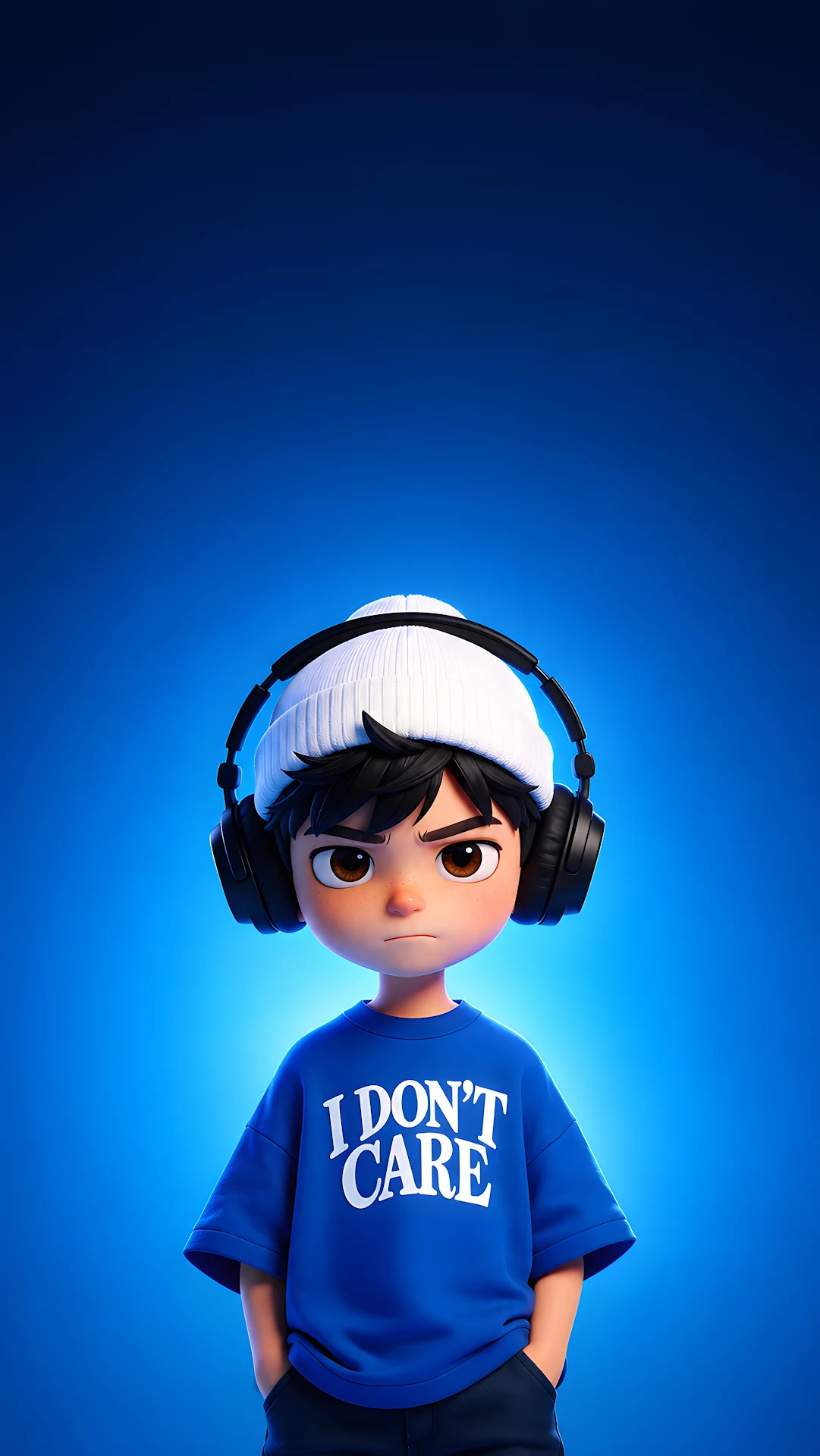 Stylized 3D Character Boy Wearing Headphones In Monochromatic Blue Setting - Free 4K mobile Wallpaper