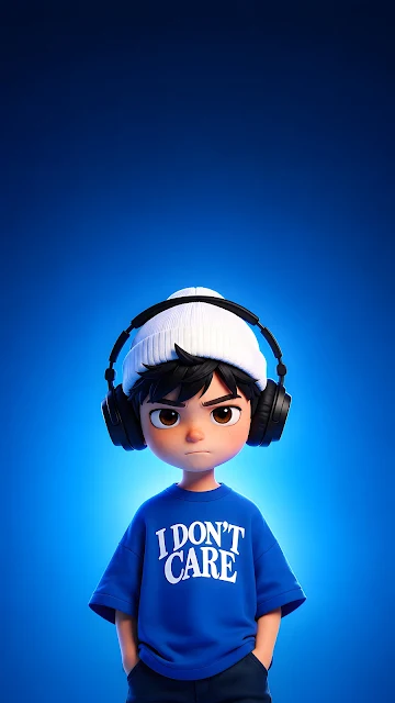 A stylized 3D rendered character boy with black hair wearing a white beanie, oversized headphones, and a blue shirt with white typography.
