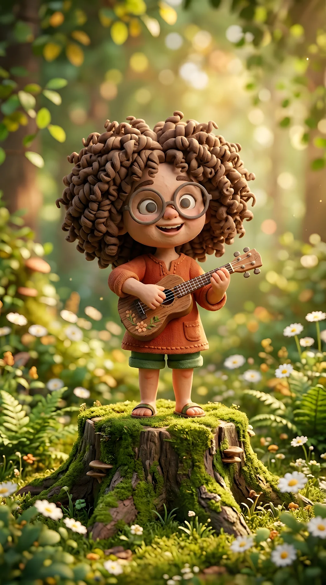 Stylized 3D Girl with Ukulele on Mossy Tree Stump - Free 4K mobile Wallpaper