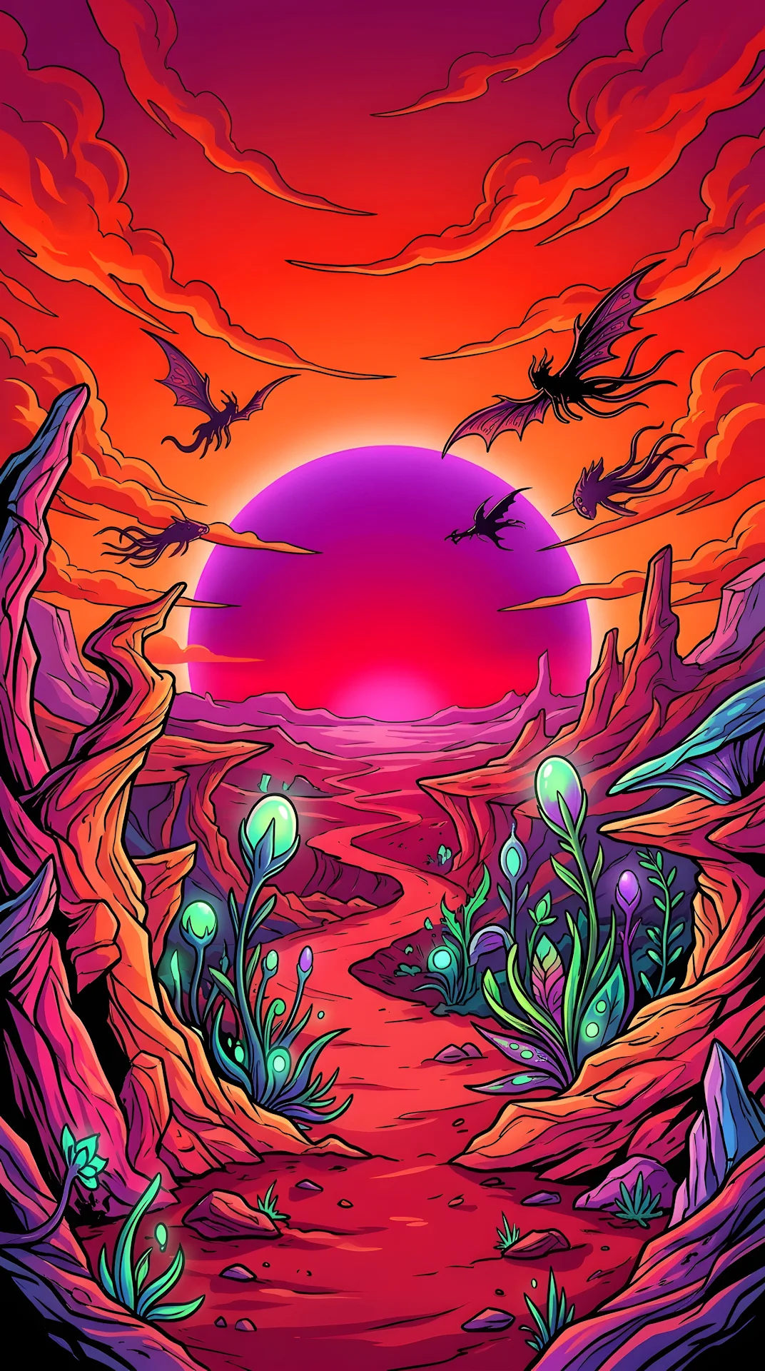 Stylized Alien Desert Landscape at Sunset - Free 4K mobile Wallpaper