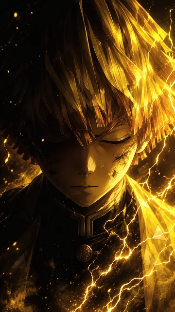 Intense close-up portrait of an anime character with spiky yellow hair surrounded by crackling golden lightning.
