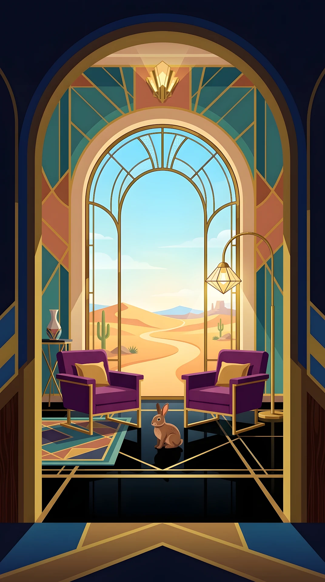 Stylized Art Deco Interior with Desert View - Free 4K mobile Wallpaper
