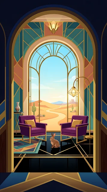 Stylized Art Deco Interior with Desert View - Free mobile Wallpaper