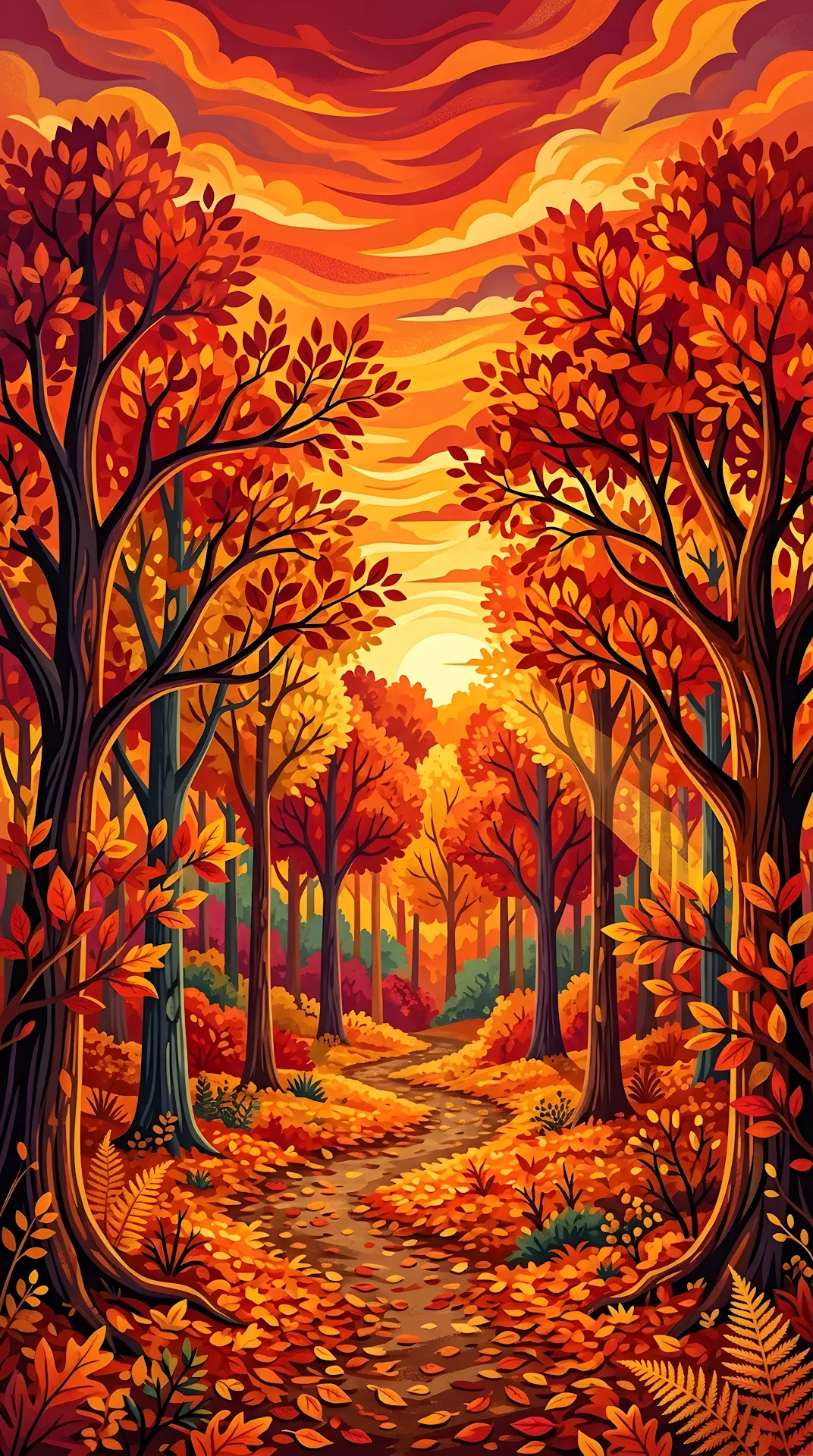 Stylized Autumn Landscape with Vibrant Red Trees and Blazing Orange Sky - Free 4K mobile Wallpaper