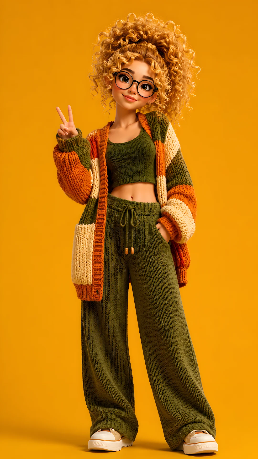 Stylized cartoon girl with blonde curly hair wearing glasses and knitwear - Free 4K mobile Wallpaper