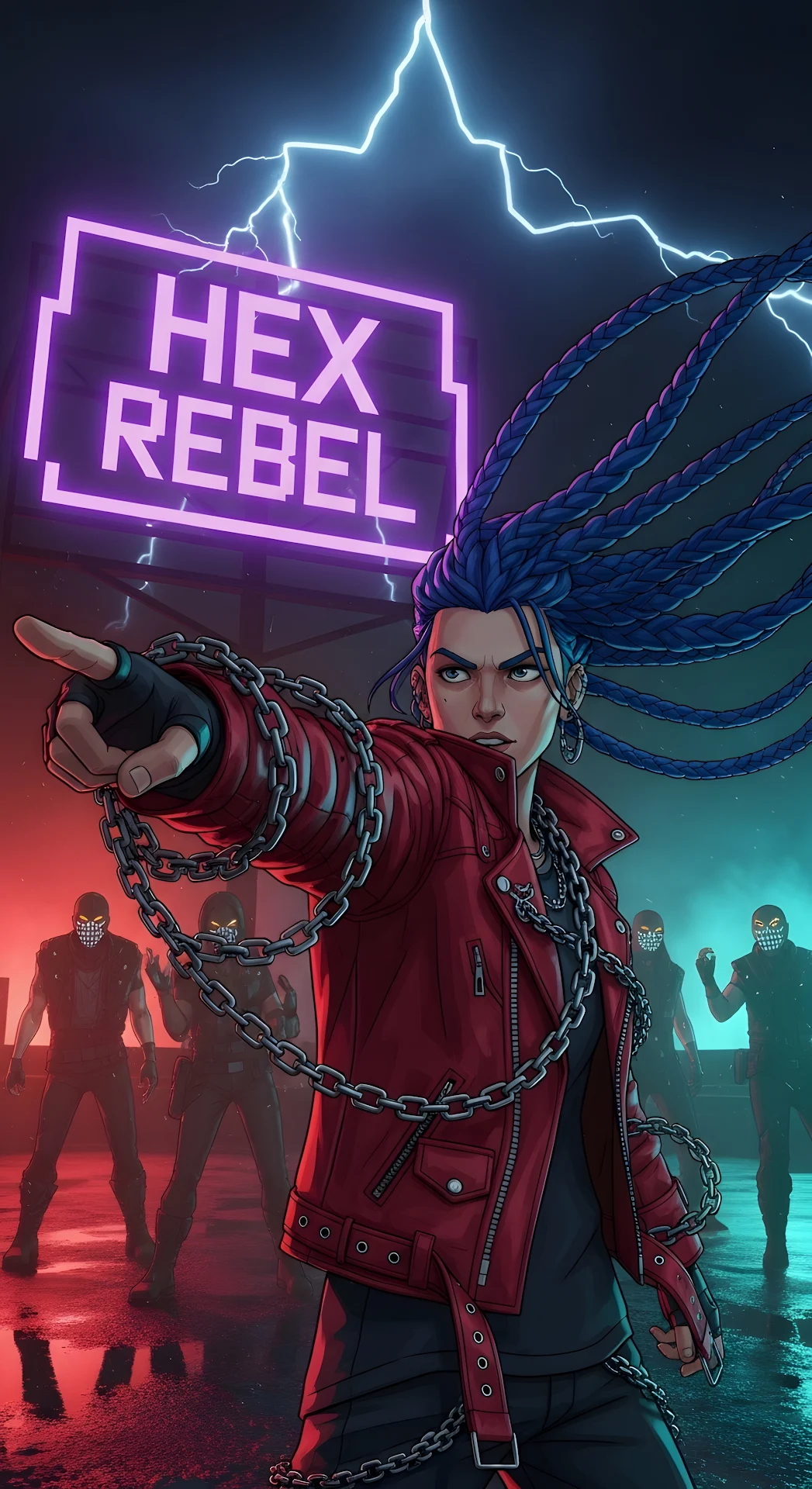 Stylized Character Illustration of a Blue Haired Punk Rebel in a Dark Neon City - Free 4K mobile Wallpaper