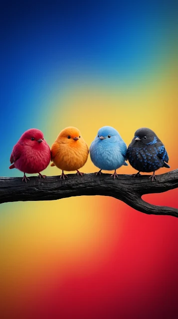 Stylized Colorful Cartoon Birds on a Branch with Rainbow Gradient - Free 4K & 8K mobile Wallpaper