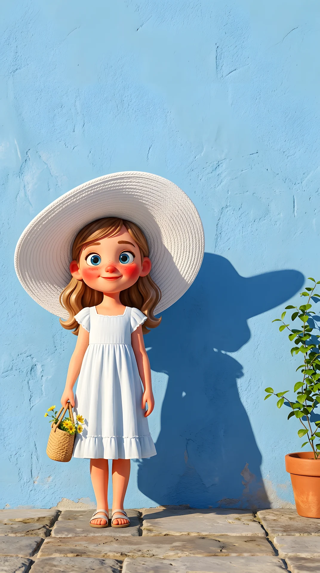 Stylized Digital Illustration of a Girl in a Large White Hat against a Blue Wall - Free 4K mobile Wallpaper