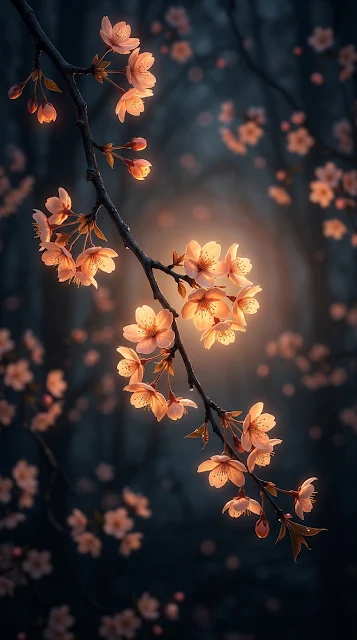 Stylized Glowing Orange Cherry Blossom Branch on Dark Background - Free 4K & 8K mobile Wallpaper