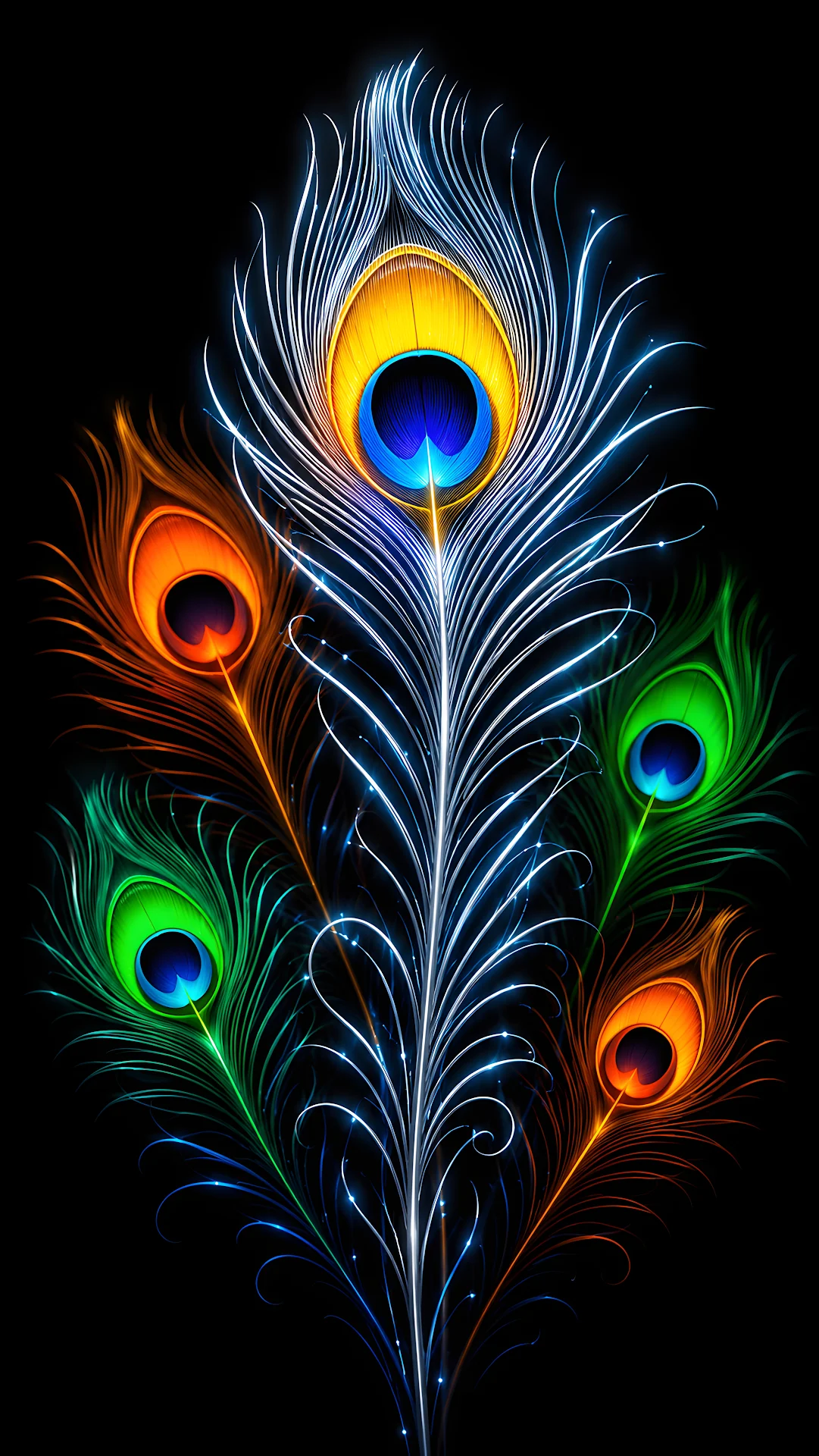 Stylized glowing peacock feathers on black background - Free 4K mobile Wallpaper