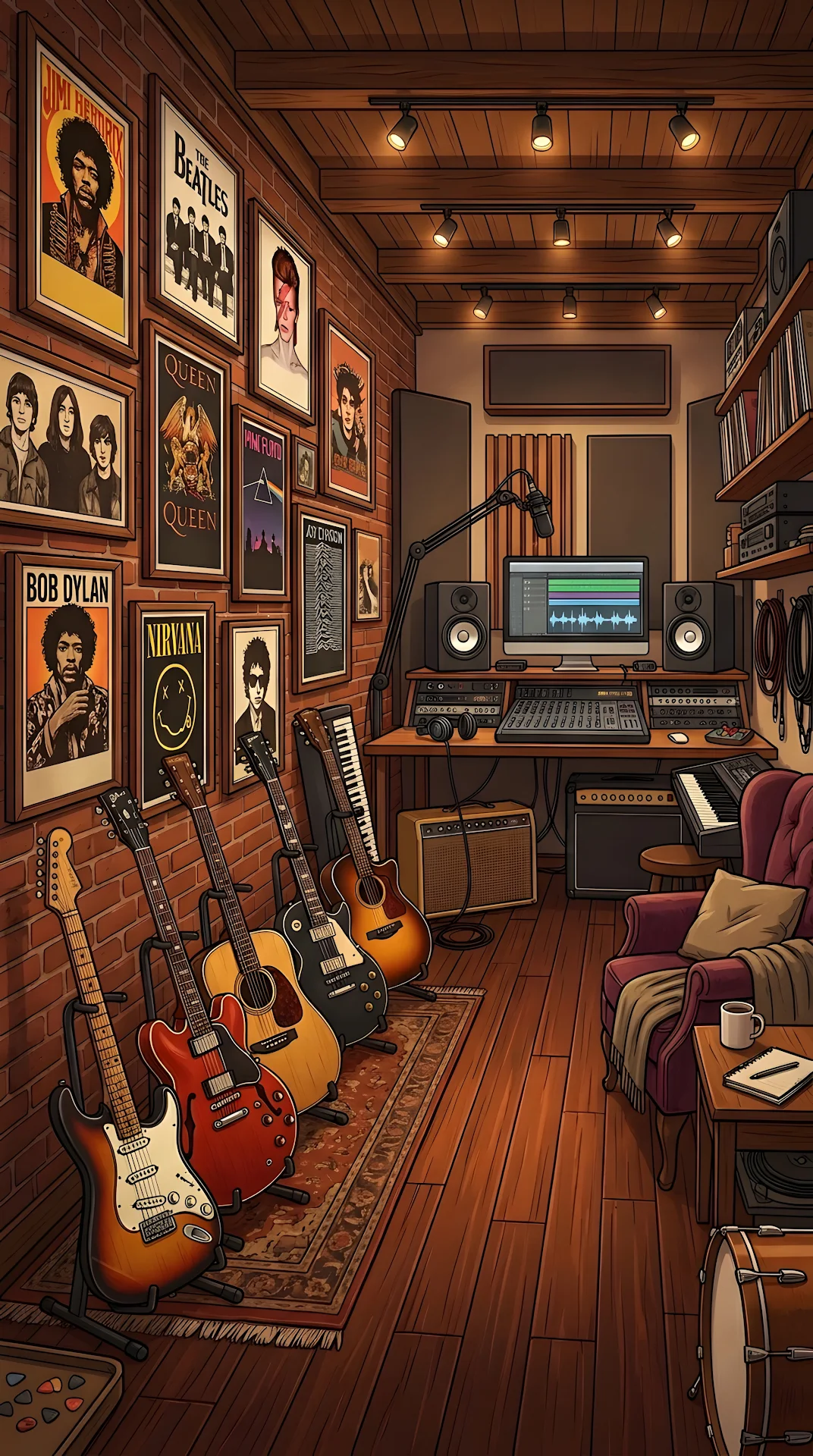Stylized Graphic Illustration of a Music Studio Filled with Guitars and Posters - Free 4K mobile Wallpaper