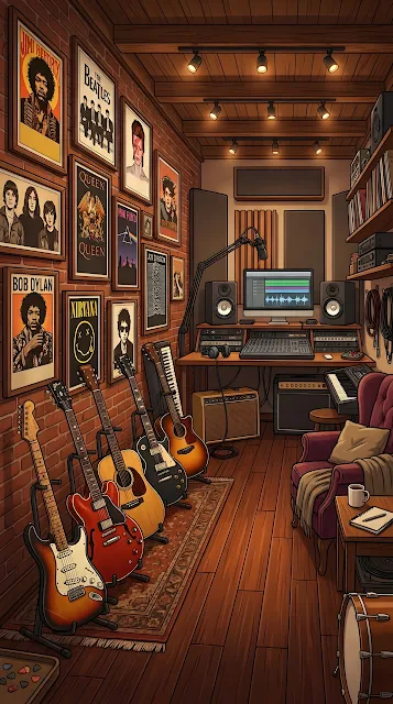 Stylized Graphic Illustration of a Music Studio Filled with Guitars and Posters - Free mobile Wallpaper