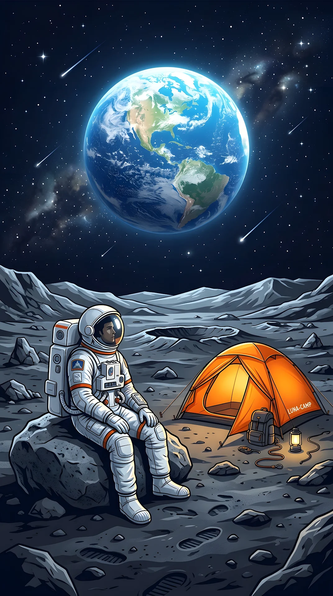 Stylized Illustration of an Astronaut Camping on the Moon Watching Earth - Free 4K mobile Wallpaper