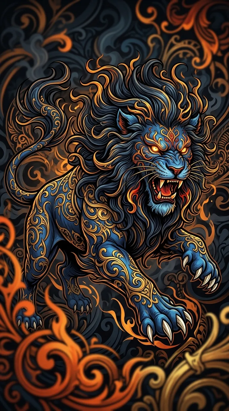 Download Stylized Illustration of a Blue Guardian Lion with Golden Accents Wallpaper in 4K UHD Stylized Illustration of a Blue Guardian Lion with Golden Accents - Free 8K and 4K mobile Wallpaper Background