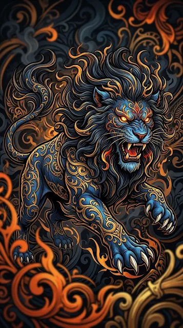 Stylized Illustration of a Blue Guardian Lion with Golden Accents - Free 4K & 8K mobile Wallpaper