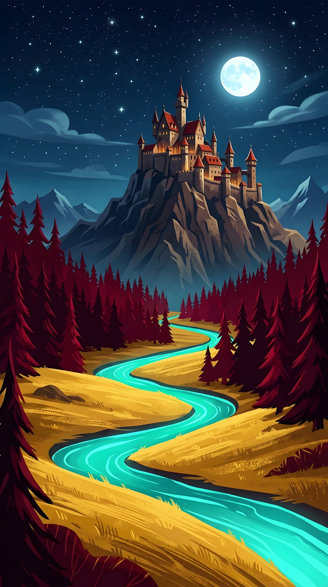 Stylized Illustration Of A Castle On A Mountain Peak Over A Teal River - Free 4K mobile Wallpaper