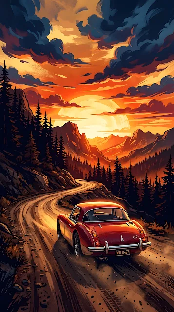 Stylized Illustration of a Classic Red Car Driving on a Mountain Road at Sunset - Free mobile Wallpaper