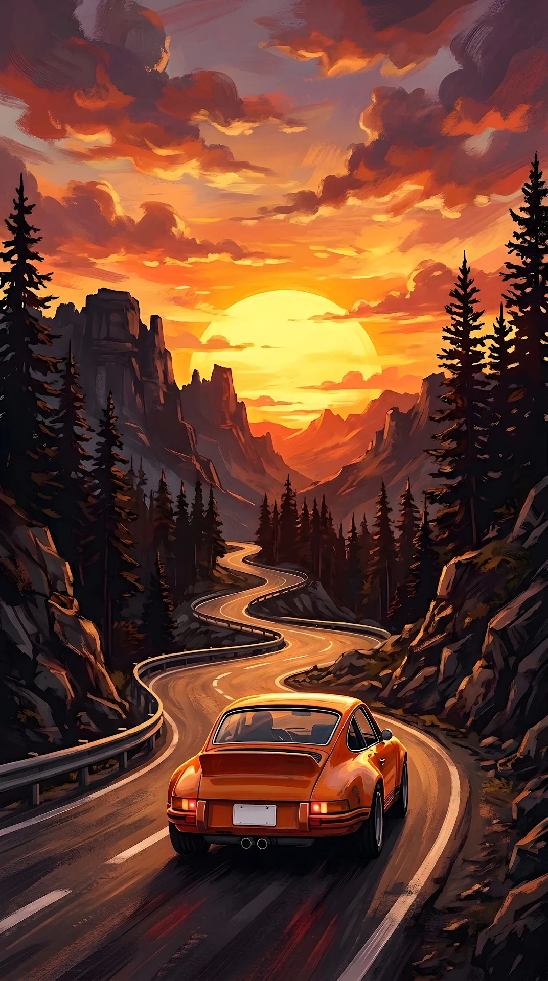 Stylized Illustration of a Classic Sports Car on a Winding Mountain Road at Sunset - Free 4K mobile Wallpaper