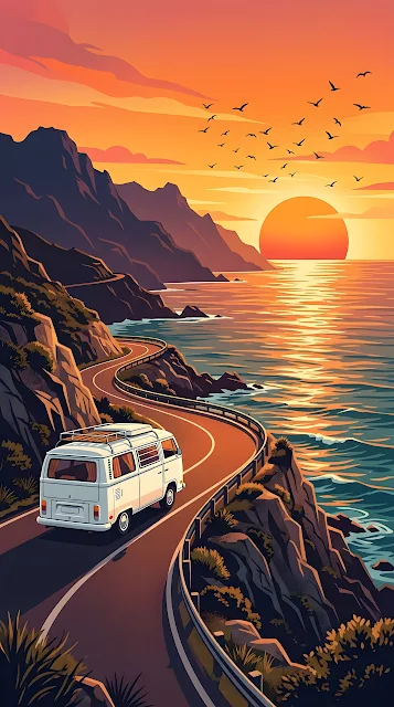 Stylized Illustration of an RV Driving Along a Coastal Mountain Road at Sunset - Free mobile Wallpaper