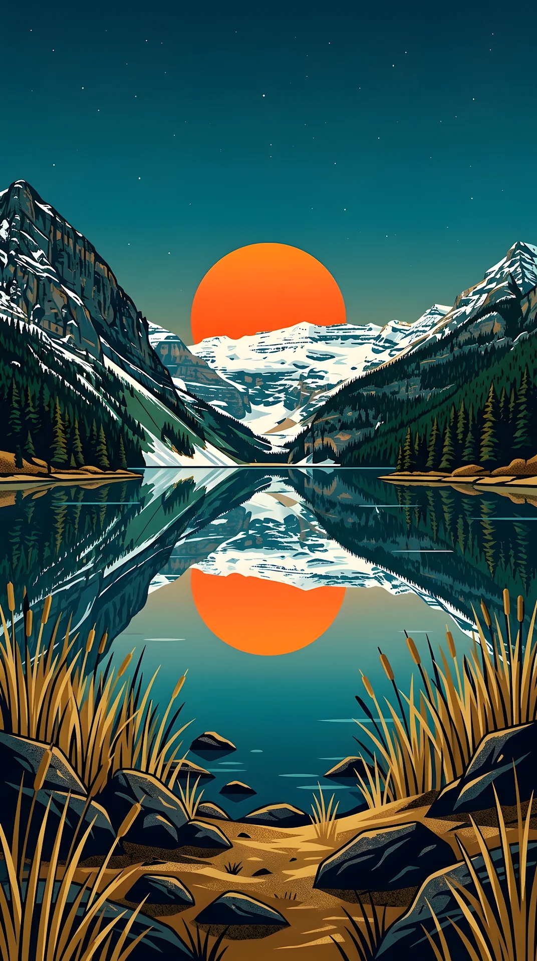 Stylized Illustration of a Sunset Over a Snowy Forest Lake - Free 4K mobile Wallpaper
