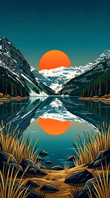 Stylized Illustration of a Sunset Over a Snowy Forest Lake - Free mobile Wallpaper