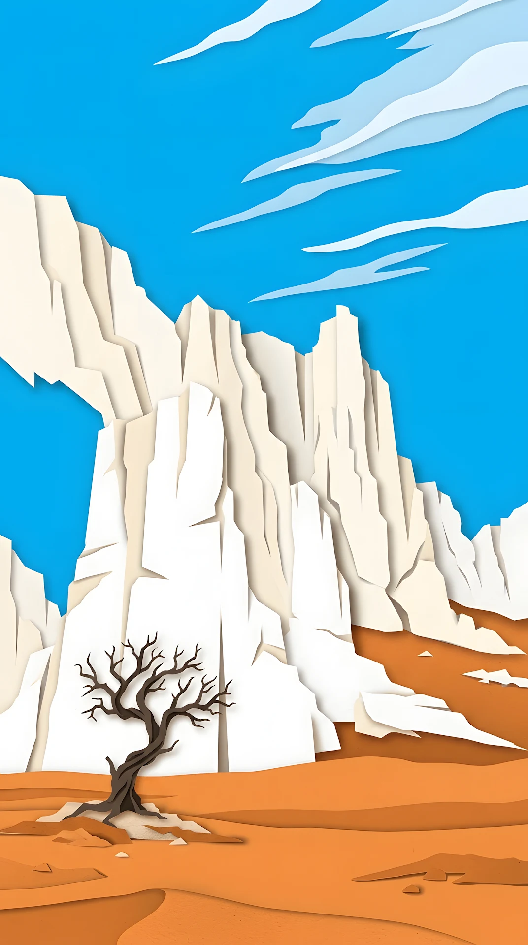 Stylized Illustration of White Rocky Cliffs and a Lone Tree - Free 4K mobile Wallpaper