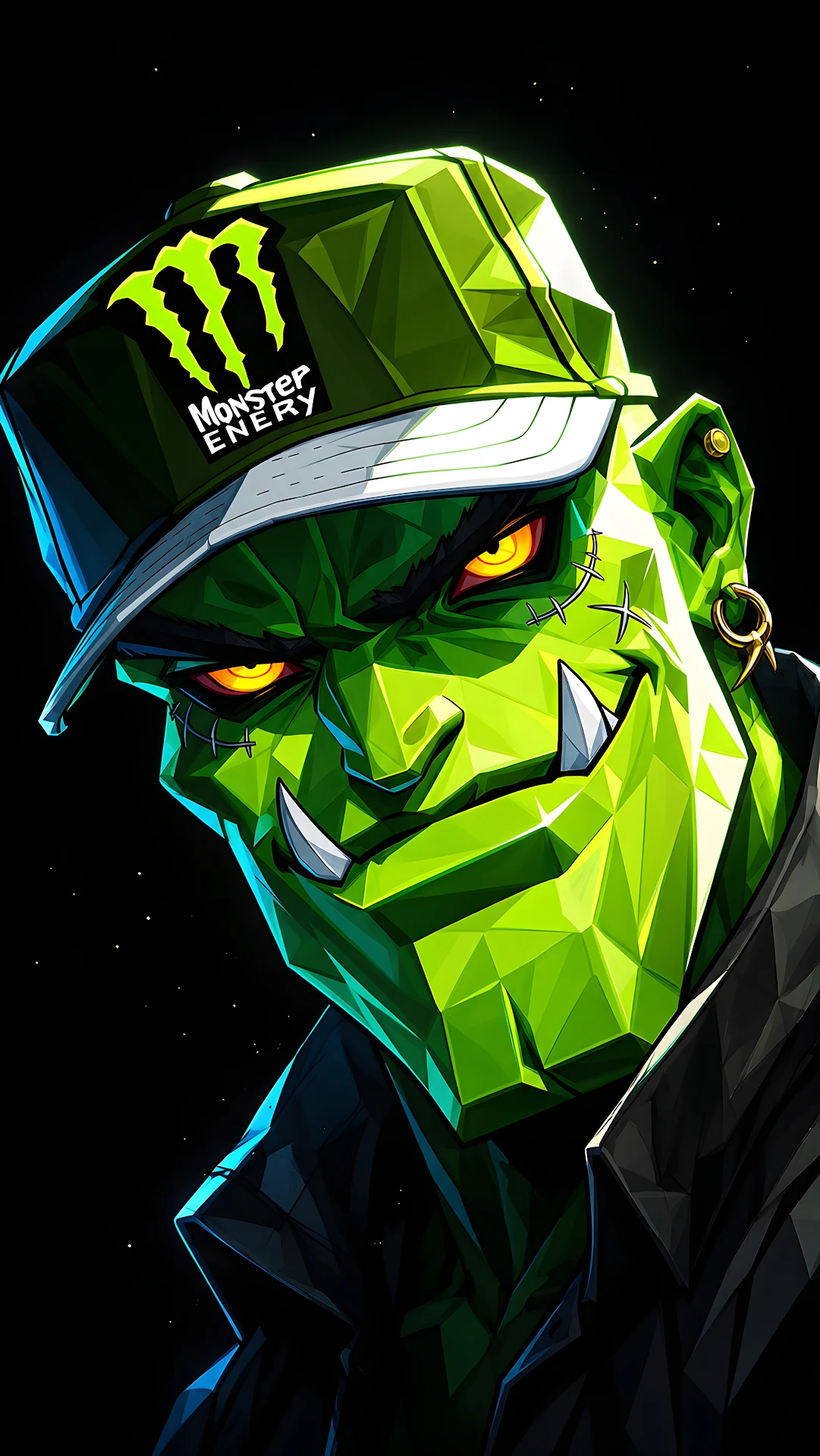 Stylized low poly green creature character wearing a snapback cap - Free 4K mobile Wallpaper