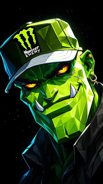 Low poly geometric green beast character wearing a green baseball cap with a stylized emblem on a dark background.