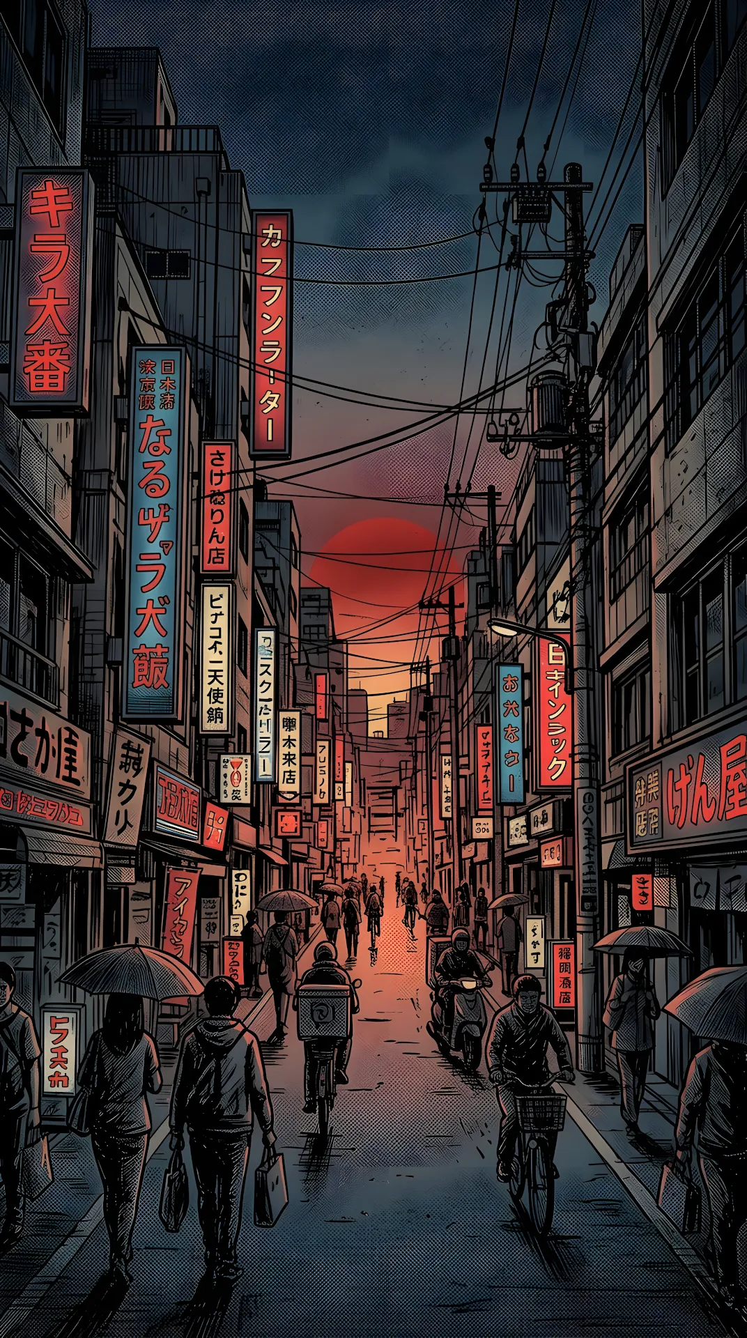 Stylized Monochrome Illustration of a Japanese Street with a Red Sun - Free 4K mobile Wallpaper
