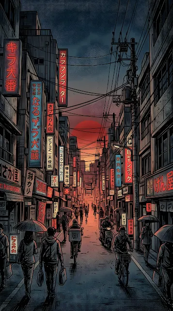 Stylized Monochrome Illustration of a Japanese Street with a Red Sun - Free mobile Wallpaper