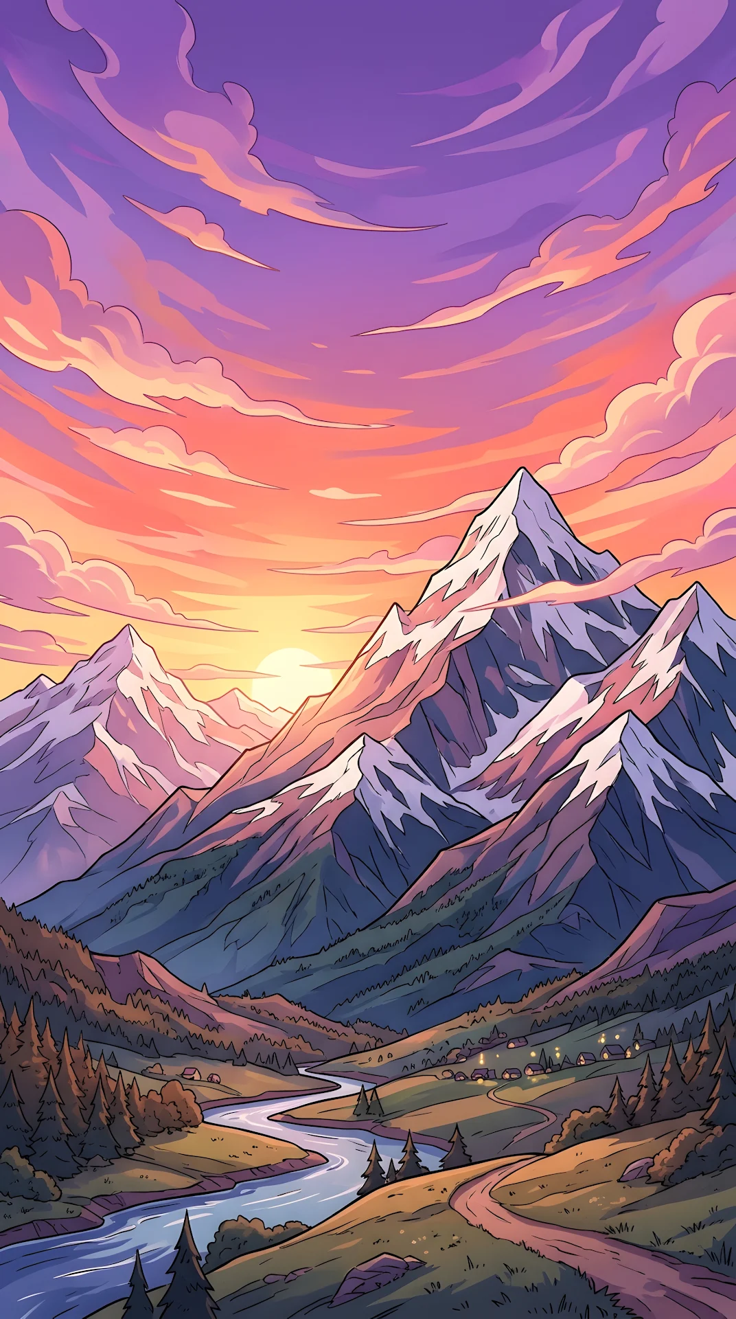 Stylized Mountain Range Under Vibrant Sunset Sky - Free 4K mobile Wallpaper