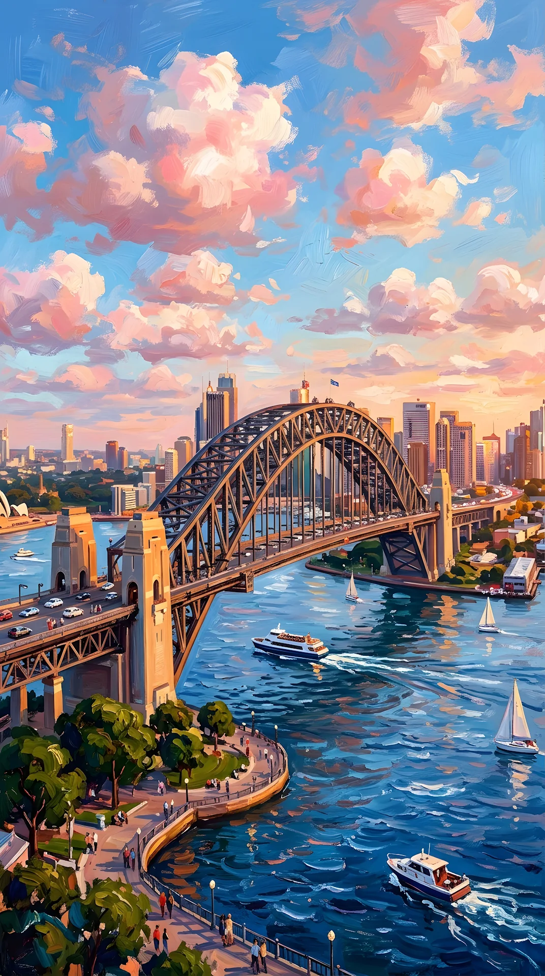 Stylized Painted Illustration of the Sydney Harbour Bridge at Sunset - Free 4K mobile Wallpaper