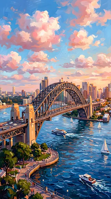 Stylized Painted Illustration of the Sydney Harbour Bridge at Sunset - Free mobile Wallpaper