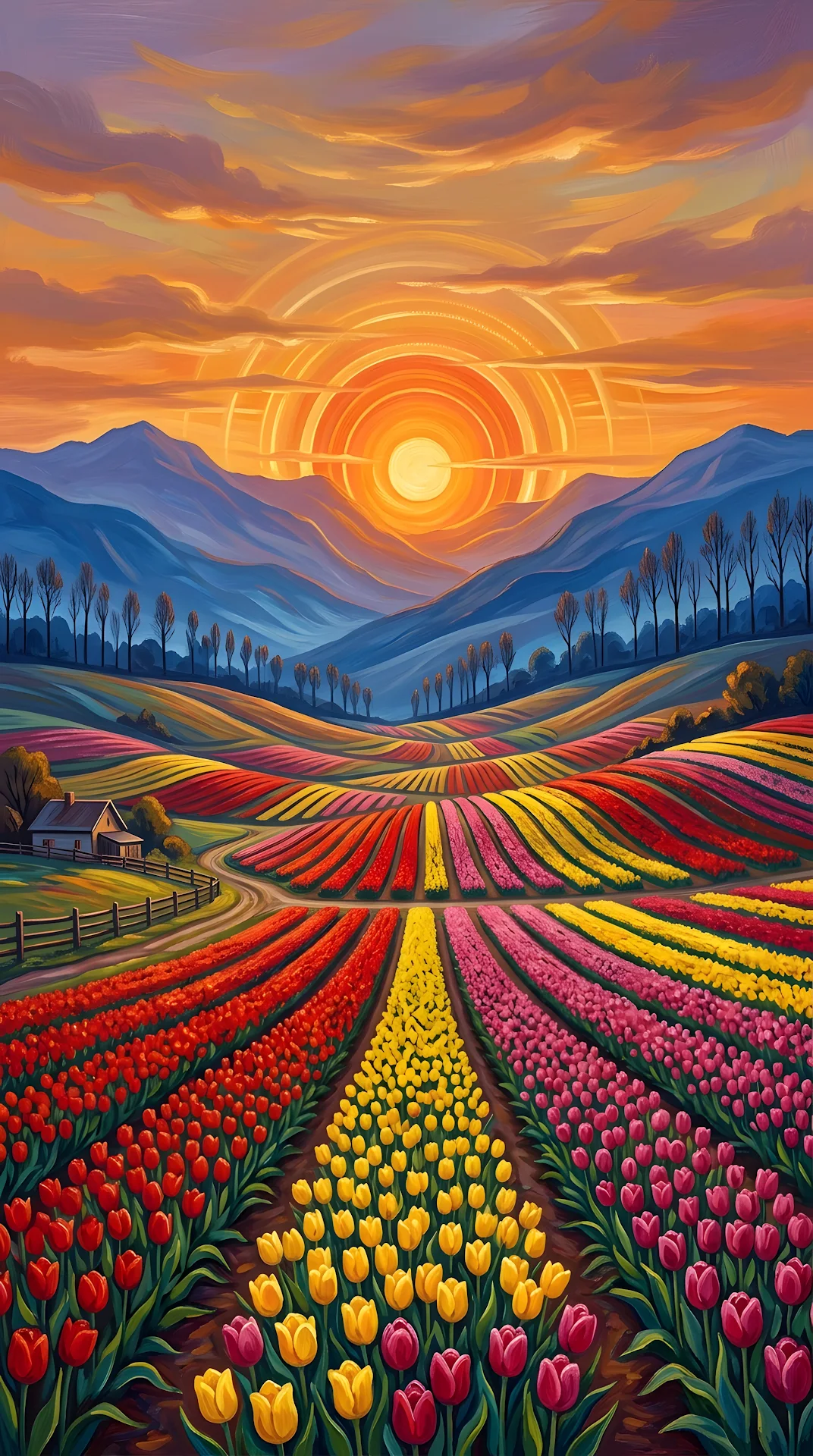 Stylized Painting of an Endless Tulip Field Under a Radiant Sunset - Free 4K mobile Wallpaper