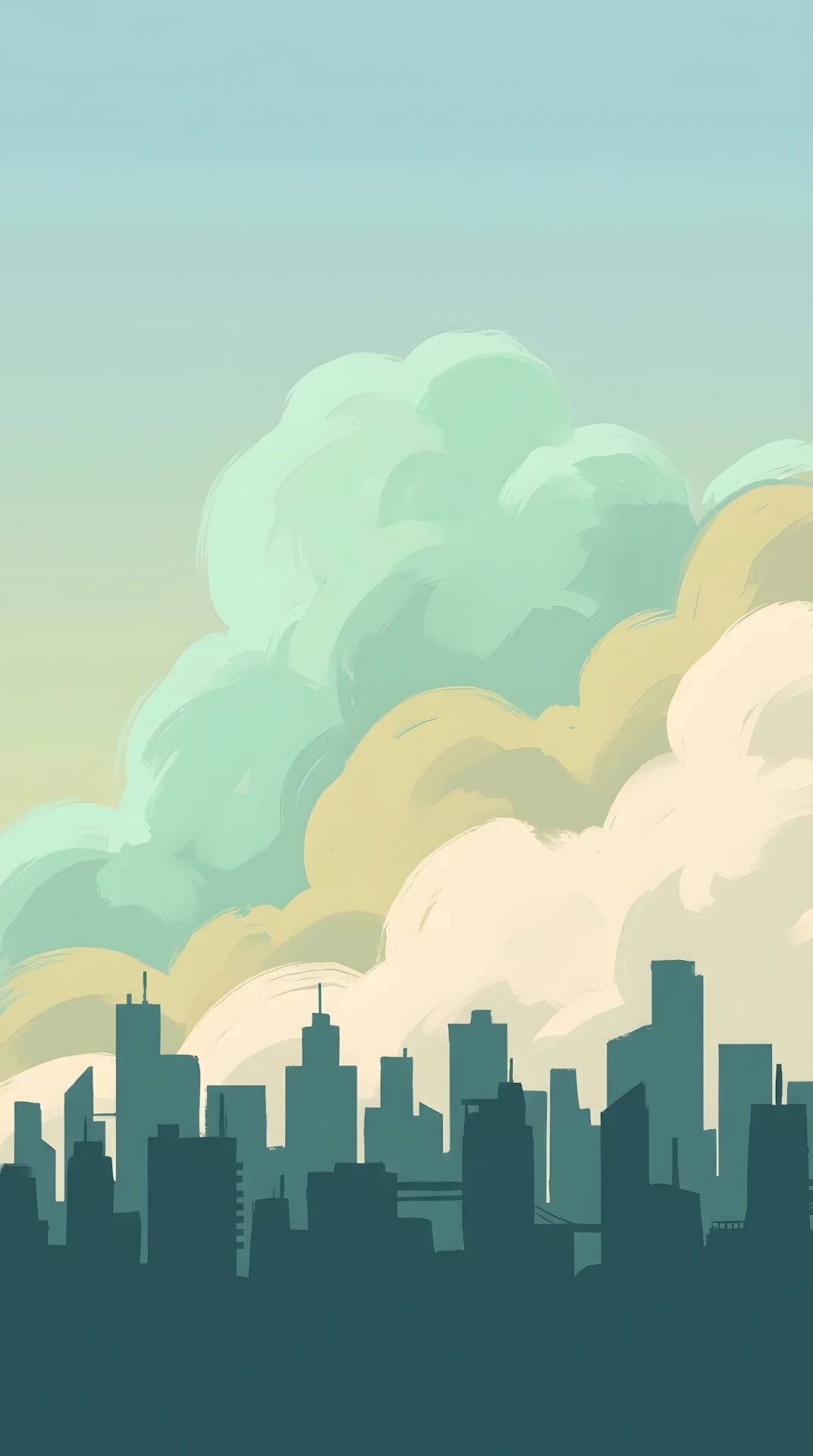 Stylized Teal City Skyline Silhouette with Large Clouds and Water Reflection - Free 4K mobile Wallpaper