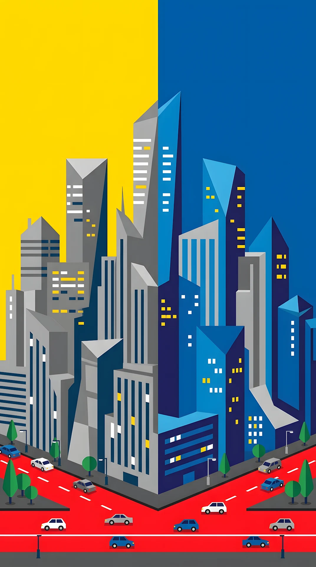 Stylized Urban Skyline with High Contrast Yellow and Blue Sky - Free 4K mobile Wallpaper