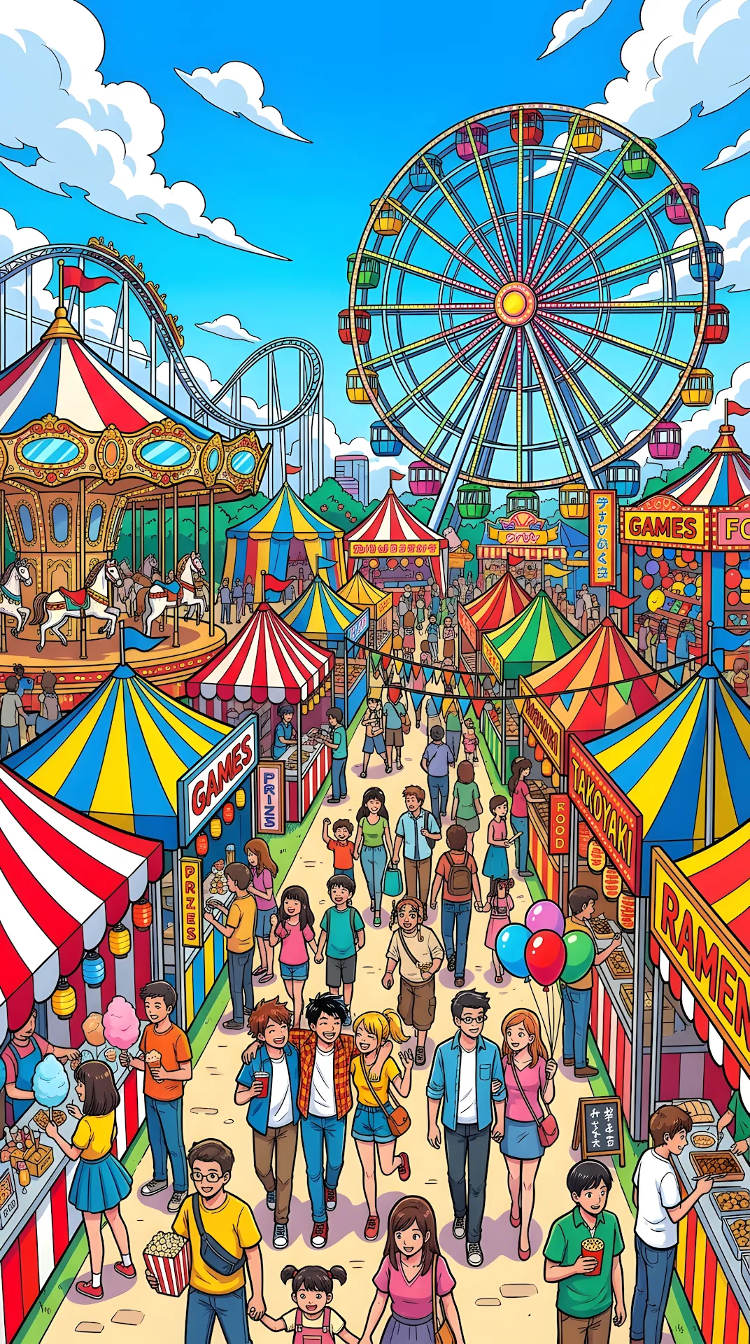 Stylized Vibrant Carnival Scene Manga Illustration - Free 4K mobile Wallpaper