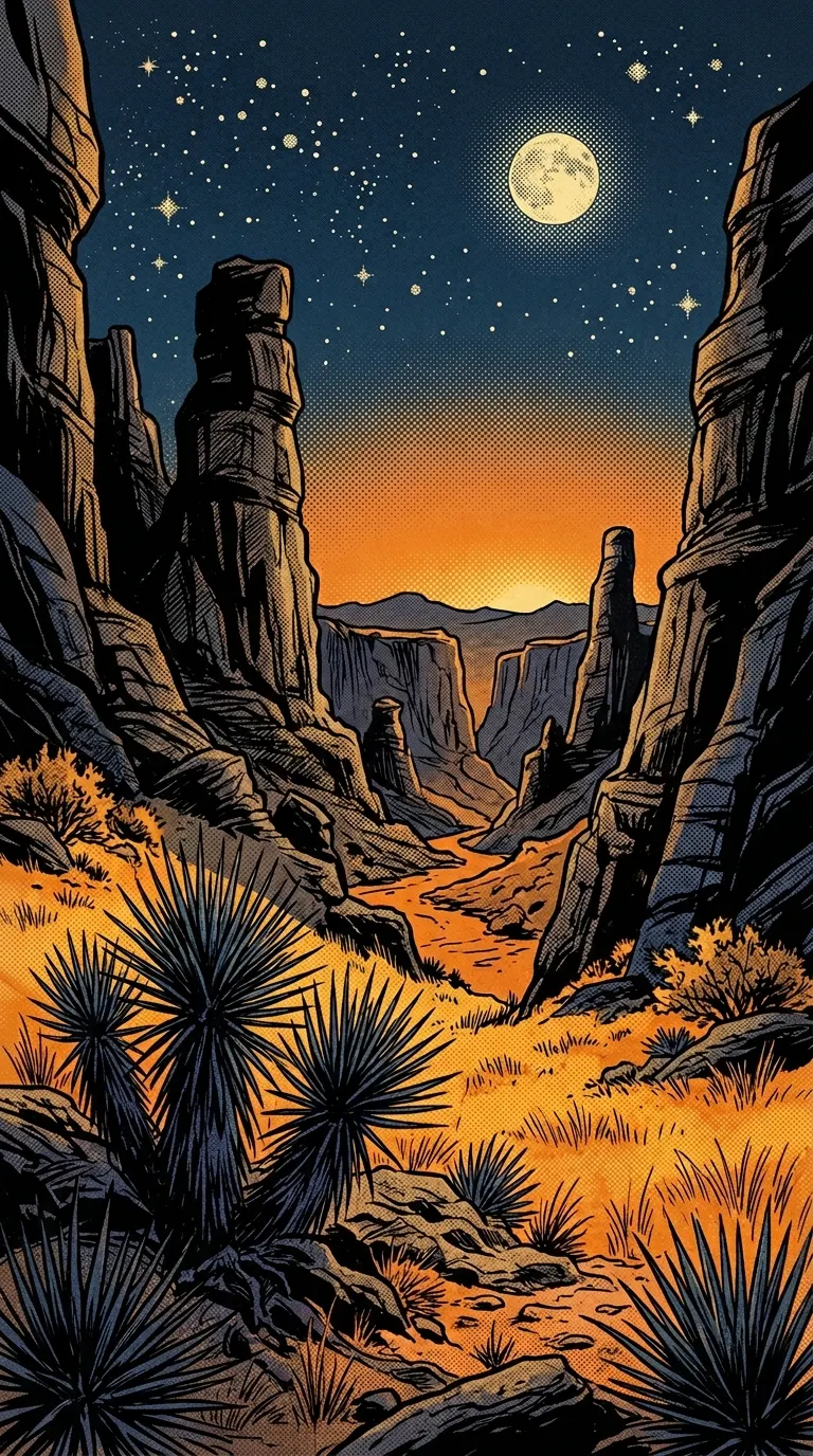 Stylized Vintage Comic Art of a Desert Landscape under Starry Night - Free 8K and 4K mobile Wallpaper Background