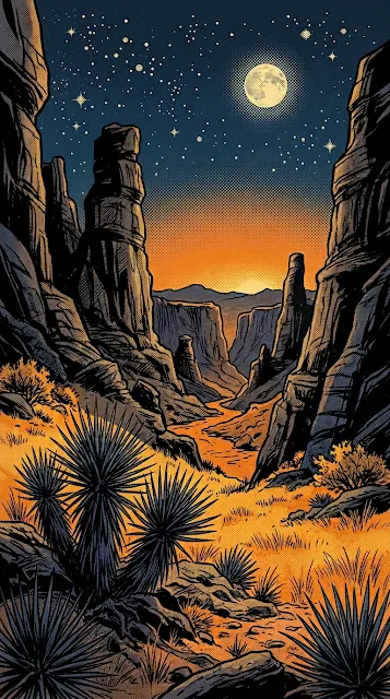 Stylized Vintage Comic Art of a Desert Landscape under Starry Night - Free 4K & 8K mobile Wallpaper