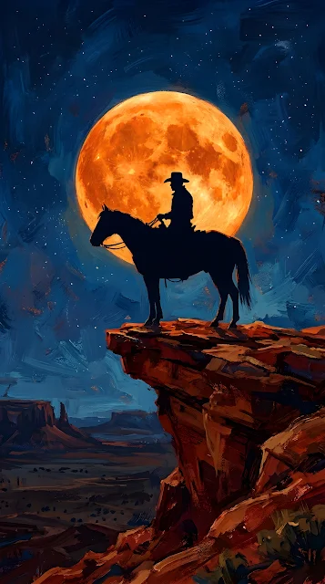 Stylized Western Painting of a Cowboy on Horseback Against a Massive Moon - Free mobile Wallpaper