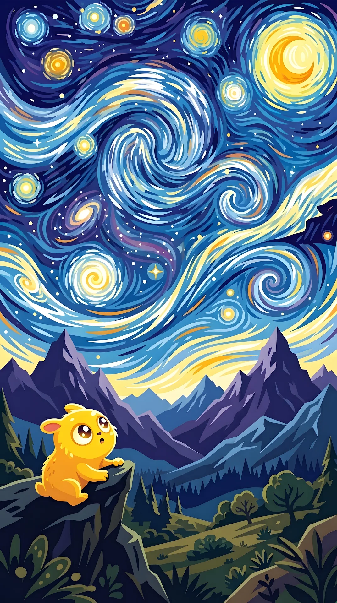 Stylized Yellow Creature in Starry Night Landscape Illustration - Free 4K mobile Wallpaper