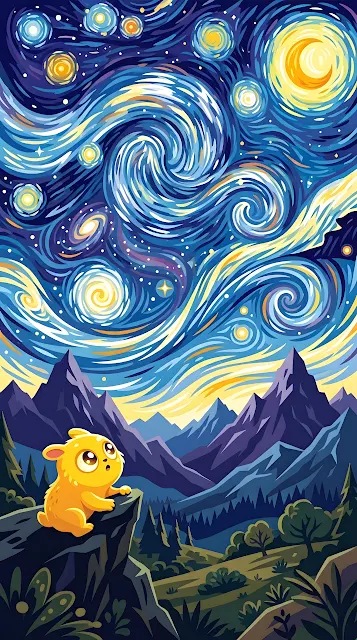 Stylized Yellow Creature in Starry Night Landscape Illustration - Free mobile Wallpaper
