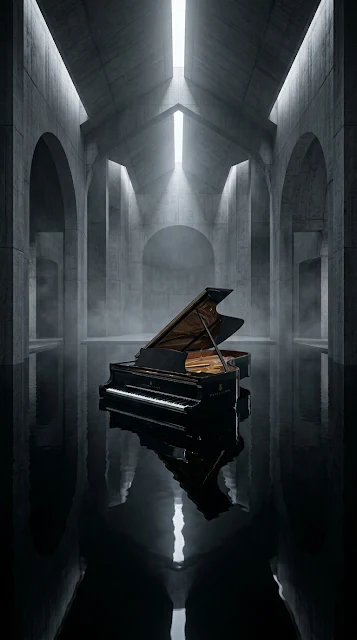 Submerged Grand Piano in Brutalist Cathedral Wallpaper - Free 4K & 8K mobile Wallpaper