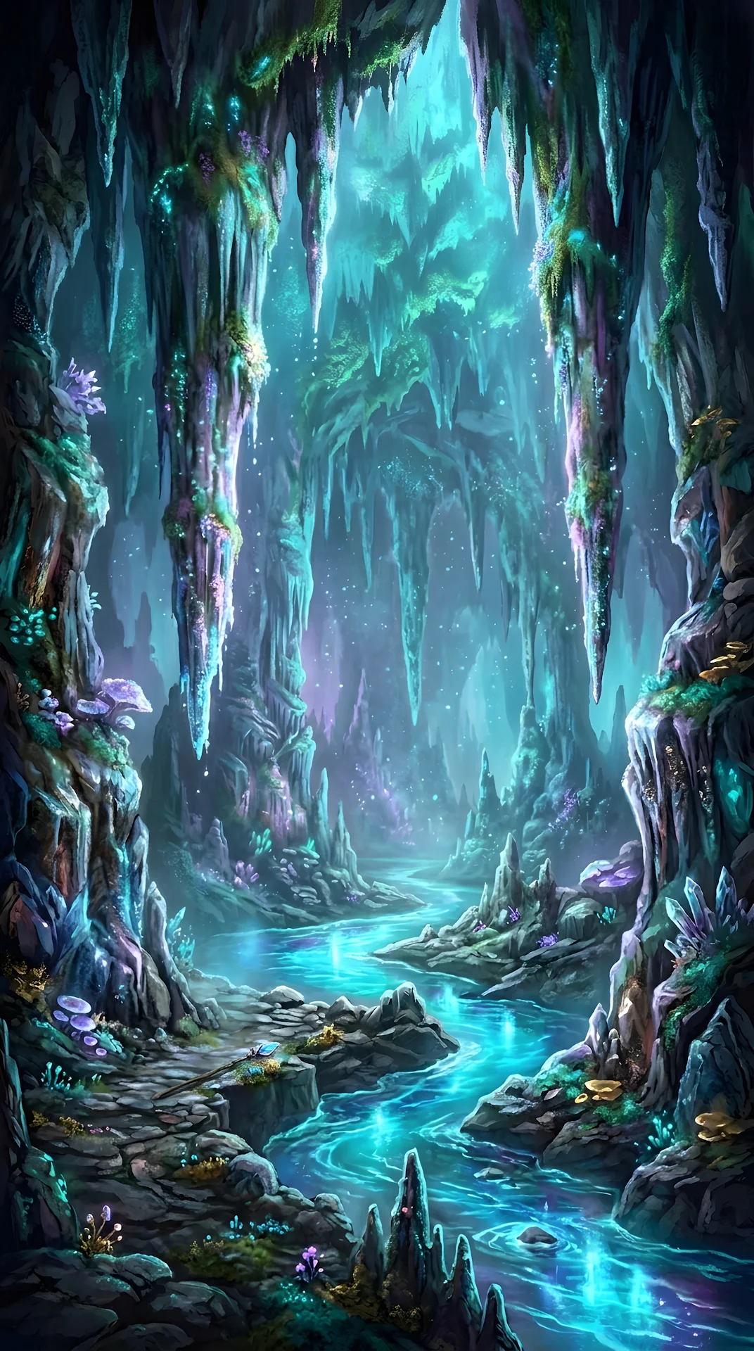Subterranean River in a Glowing Cavern with Iridescent Stalactites - Free 4K mobile Wallpaper