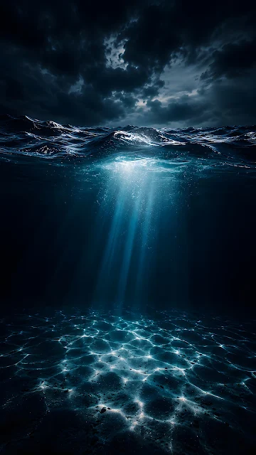 Underwater perspective looking up through deep blue ocean waters as dramatic light beams pierce through the stormy surface waves.