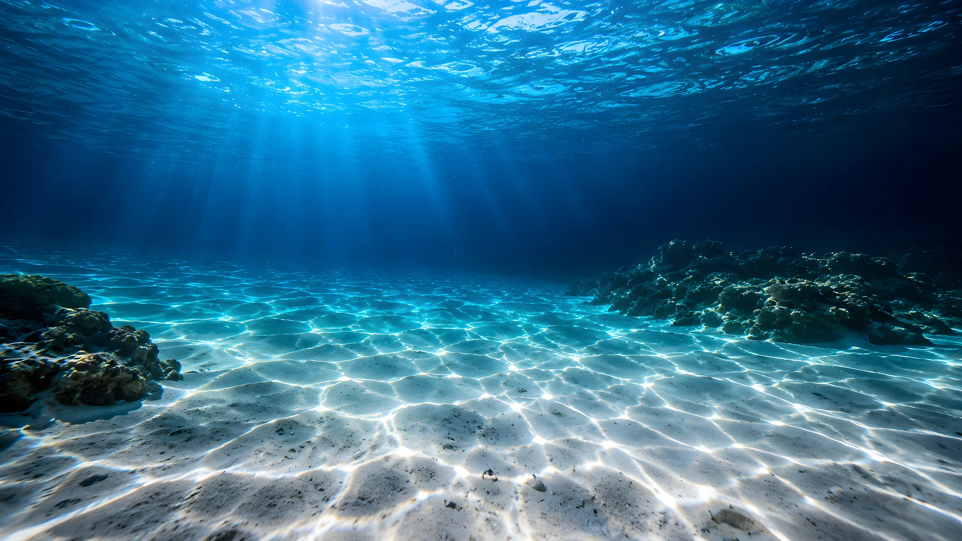 Sunbeams refracting through clear blue water onto sandy ocean floor - Free 4K desktop Wallpaper