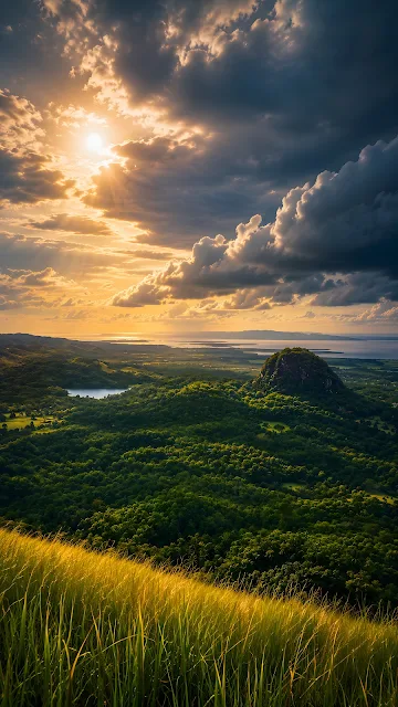 High angle landscape of green tropical hills, mountain peaks, and coastal bay under a bright warm sun with cloud rays.