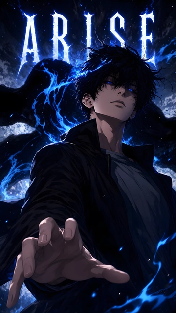 Anime protagonist Sung Jinwoo extending his hand forward with glowing blue eyes and blue shadow flames.